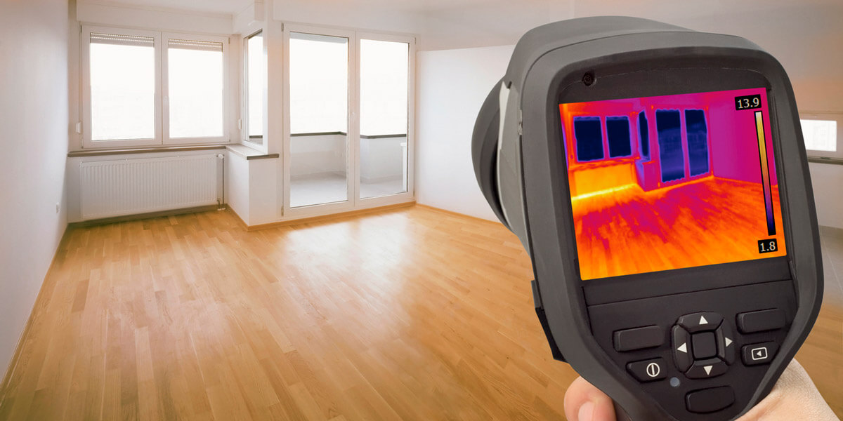 A person holding a thermal camera in a room, capturing temperature variations.