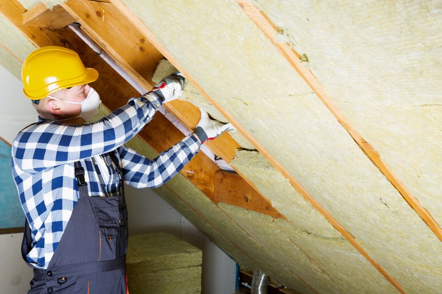 Man installing thermal roof insulation layer - using mineral wool panels