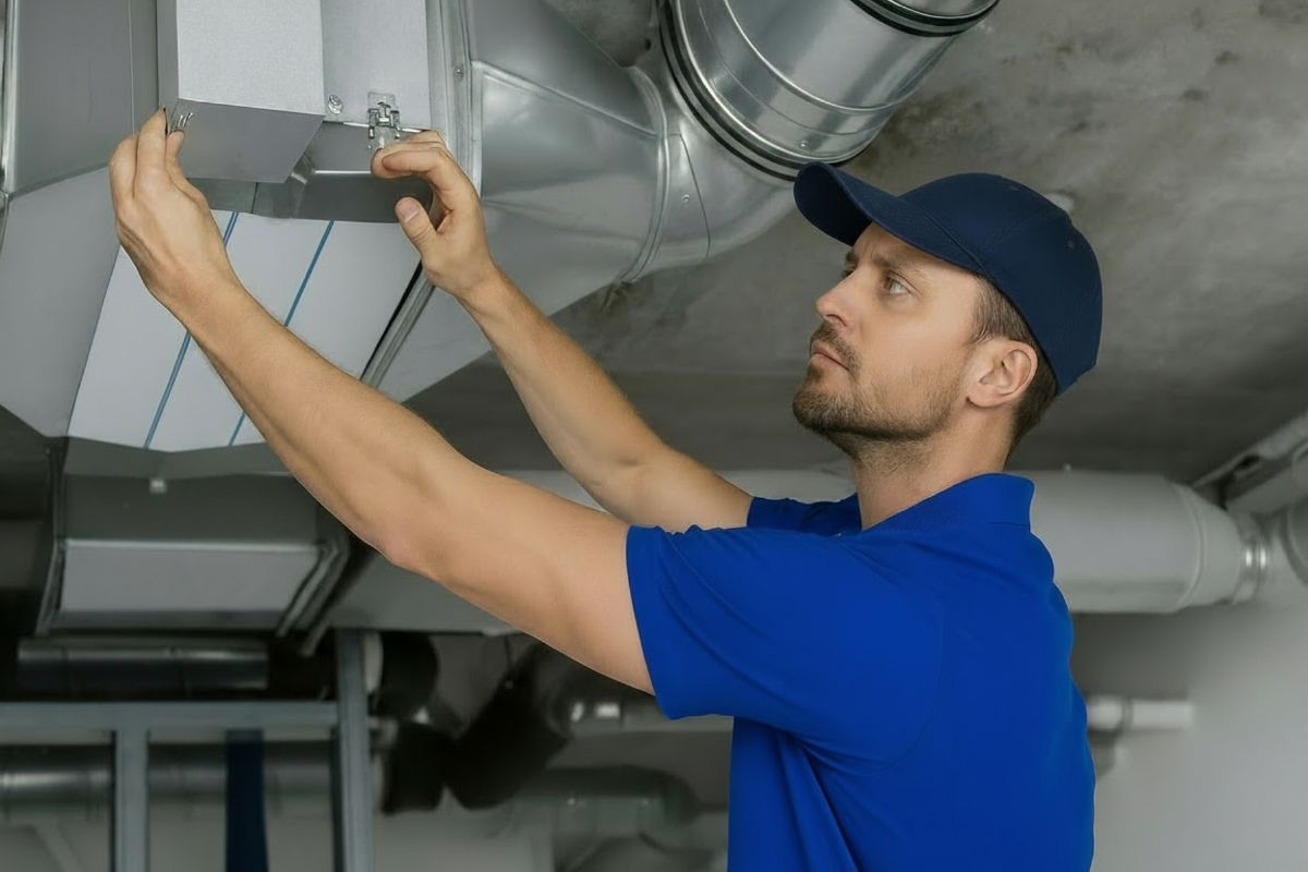 Air quality HVAC specialist installing new residential air duct