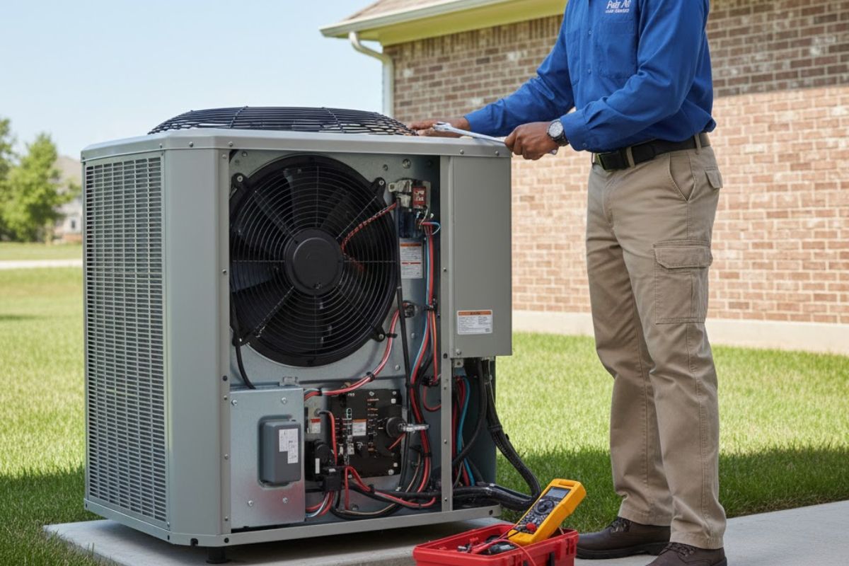 HVAC technician standing by air conditioning unit preparing for maintenance