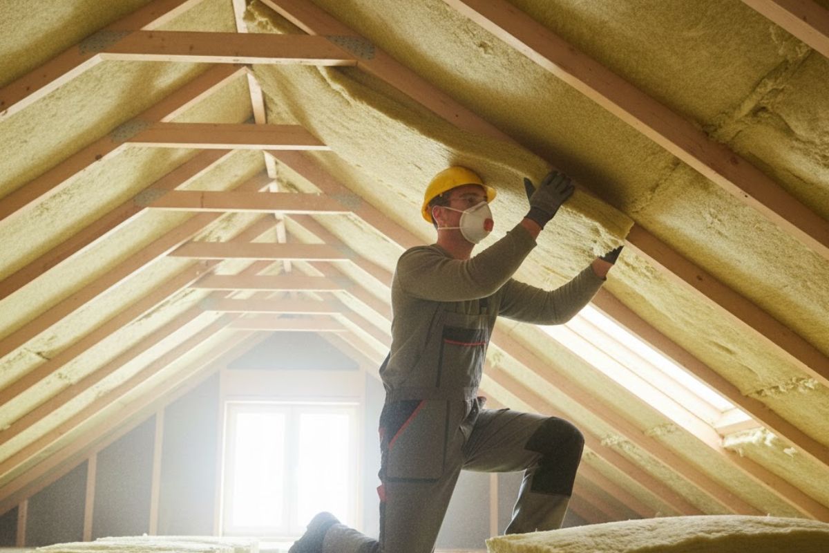Man installing thermal roof insulation layer - using mineral wool panels